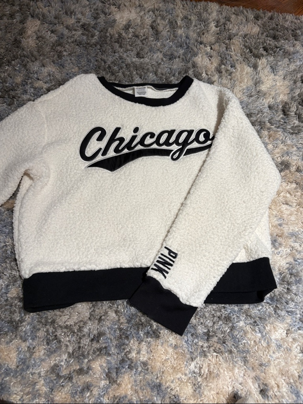 PINK Victoria's Secret White Sherpa 'Chicago' Pullover with Black Trim